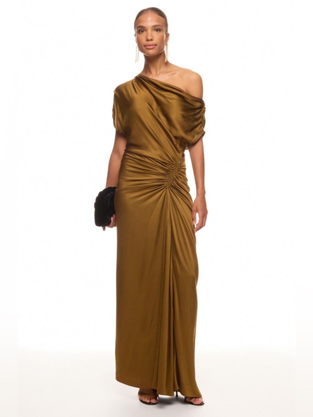 One-Shoulder Ruched Maxi Dress in Olive Green